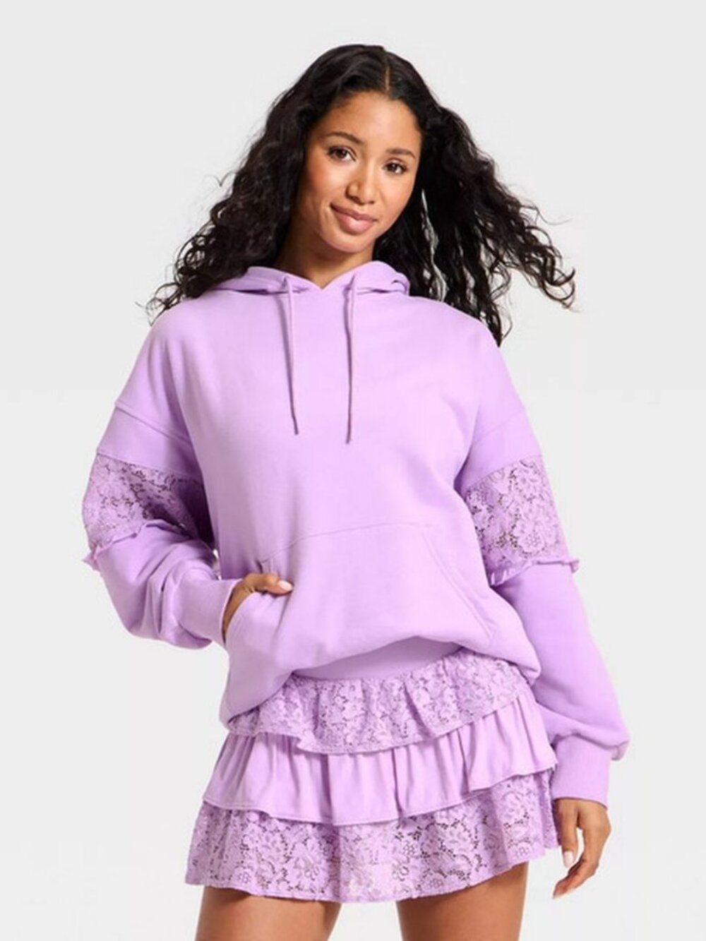JoyLab Women's Lace Trim French Terry Hooded Sweatshirt Purple L NWT MSRP $35
